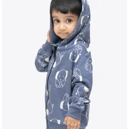 Ariel Cotton Knit Full Sleeves Elephants Printed Hooded Jacket - Blue image 5
