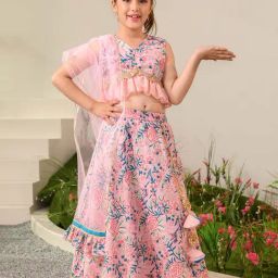 Pspeaches Girls Pink Cotton Regular Fit Floral Print Lehenga Choli-picture-1