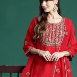 Indo Era Red Embroidered Kurta Pant Set With Dupatta image 5