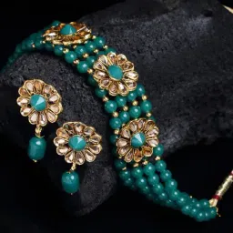 Panash Gold Plated & Green Stone Studded & Beaded Handcrafted Jewellery Set-picture-45