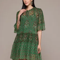 Label Ritu Kumar Floral Print Tie-Up Neck A-Line Dress-image-85