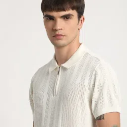 The Bear House White Cotton Relaxed Fit Self Pattern Polo T-Shirt image 5