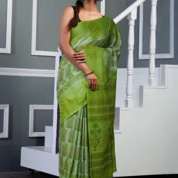 Unnati Silks Green Cotton Hand Block Print Saree with Unstitched Blouse-picture-26