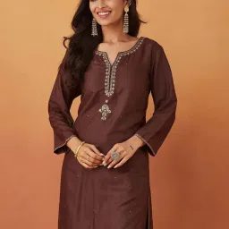 Fabindia Brown Viscose Silk Embroidered Long Kurta image 5