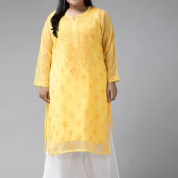 ADA Women Plus Size Yellow Chikankari Hand Embroidered Sustainable Georgette Handloom Kurta With Slip-picture-20