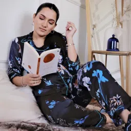Clovia Blue Floral Print Shirt & Pyjama Set image 5