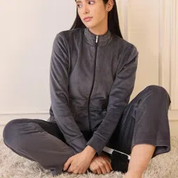 Sweet Dreams Dark Grey Fleece Solid Tracksuit image 4