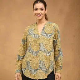 Fabindia Women's Yellow Printed Mandarin Collar Full Sleeves Tunic-picture-19