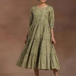 Libas Green Cotton Printed A-Line Dress-image-57