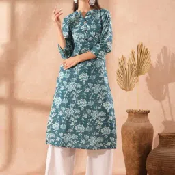 Fashor Turquoise Cotton Embroidered Straight Kurta-image-4