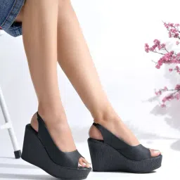 Shoetopia Women's Black Sling Back Wedges-picture-15