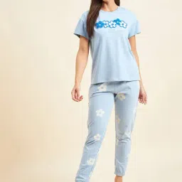 Sweet Dreams Blue & White Cotton Graphic Print T-Shirt With Pyjamas-picture-43