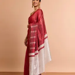 Taneira Red Silk Striped Saree With Unstitched Blouse image 3