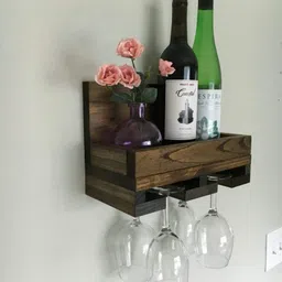 genuine decor Wood Wine Rack Shelf & Stemware Glass Holder Organizer Unique Bar Shelving Rustic Wedding Gift Wine Rack Wall Mounted 3 Bottles and 4 Wine Glass Rack Holder image 2