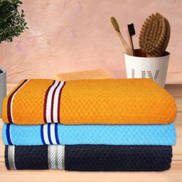 Athom Living Popcorn Textured Solid Bath Towel Pack Of 3 - Yellow & Blue Brown-picture-14