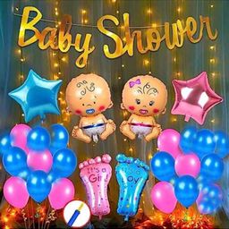 Bubble Trouble Baby Shower Combo Decorations Set 50 Pcs Baby Shower Balloon Latex Star Foil Balloon Baby with Foil Curtain for Maternity Hand Balloon Pump for Maternity Pregnancy Photoshoot-picture-0