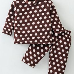 Kanvin Supersoft Extra Warm Velour Full Sleeves Winter Wear Night Suit with Polka Dots - Brown-picture-13