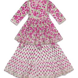 aatya kiids AATYA by Shruti Agarwal Cotton Three Fourth Sleeves Floral Printed Gathered Top & Sharara - White & Pink-picture-15