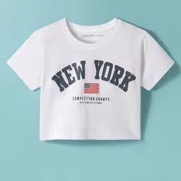 Doreme Single Jersey Knit Half Sleeves T-Shirt With New York Text Print - White-picture-25