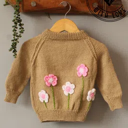 Woonie Hand Knit Full Sleeves Floral Applique Detailed Crochet Sweater - Beige-picture-34