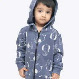 Ariel Cotton Knit Full Sleeves Elephants Printed Hooded Jacket - Blue-picture-22