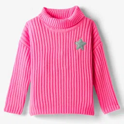 Babyhug Knitted Full Drop Shoulder Sleeves Skivi Sweater With Star Patch - Pink image 2