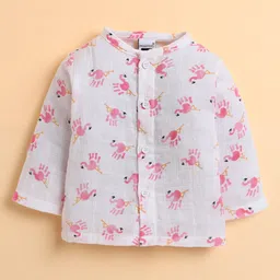 Polka Tots Cotton Woven Full Sleeves Palmingos Printed Jhabla & Coordinating Pant Set - White & Pink image 3