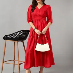 Femvy Women V Neck Tiered Smocked Fit & Flare Midi Dress-picture-18