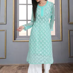 PARAMOUNT CHIKAN Women Ethnic Motifs Embroidered Chikankari Floral Georgette Kurta-picture-23