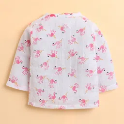 Polka Tots Cotton Woven Full Sleeves Palmingos Printed Jhabla & Coordinating Pant Set - White & Pink image 4