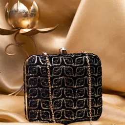 ARTKLIM Sequins Embroidered Box Clutch with Sling Chain-image-1
