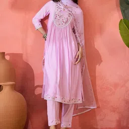 Sangria Floral Embroidered Empire A Line Kurta With Trousers & Dupatta-picture-17