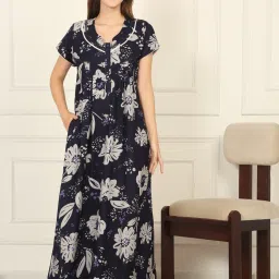 Sweet Dreams Women Navy Blue Floral Printed Full Length Night Dress-picture-39