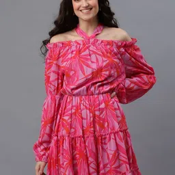 DressBerry Floral Print Halter Neck Puff Sleeve Chiffon A-Line Dress-image-63