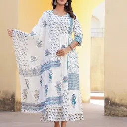 Juniper Women Floral Printed Cotton Dress & Dupatta With Lace-image-42
