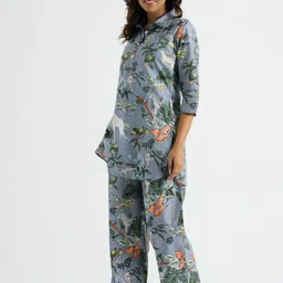 FLAVIA CREATION Floral Printed Shirt Collar Pure Cotton Top With Trousers-image-86