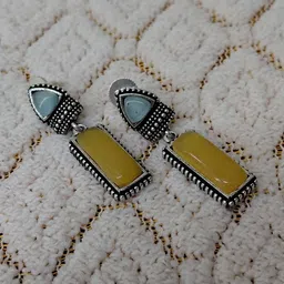 Rugved Enterprise Silver-Plated Artificial Stones Studded Oxidised Geometric Drop Earrings-image-4