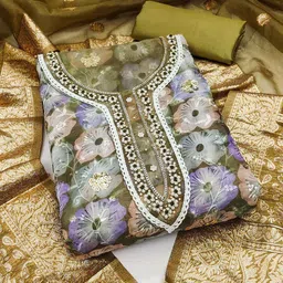 Maroosh Floral Embellished Beads and Stones Organza Unstitched Dress Material-image-60