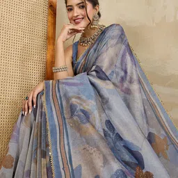 100 Dreams Ethnic Motifs Printed Mukaish Tissue Saree-image-12