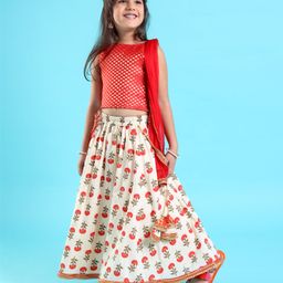 Babyhug Sleeveless Choli With Motif Print Lehenga and Netted Dupatta - Red Beige-image-100