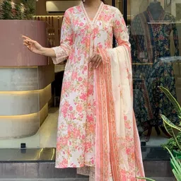 Komfortive Women Floral Printed Regular Thread Work Pure Cotton Kurta with Trousers & With Dupatta image 2