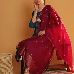 Tulsattva Women Ethnic Motifs Embroidered Regular Thread Work Chanderi Cotton Kurta with Trousers & With image 3