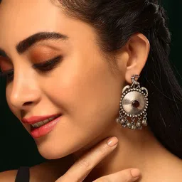 Priyaasi Silver Plated Artificial Stones Studded Oxidised Contemporary Kemp Drop Earrings-picture-12