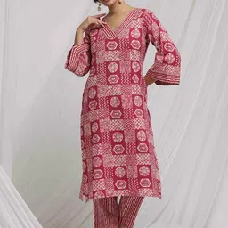 Anouk Women Printed Regular Kantha Work Pure Cotton Kurta with Trousers-image-0