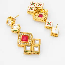 Anouk Gold-Plated Kundan & Artificial Stones Studded Diamond Shaped Drop Earrings image 2