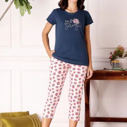 Bodycare Women Typography Printed Round Neck Pure Cotton T-shirt & Capris Night suit-picture-28