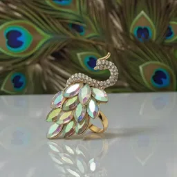 ANIKAS CREATION Gold-Plated Stone-Studded Adjustable Peacock Finger Ring image 3