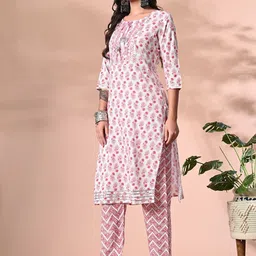 KALINI Women Floral Printed Regular Mirror Work Kurta with Trousers image 4
