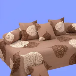 WELLNEST Set Of 8 Cotton Brown & Beige Leaf Printed Diwan Set image 1