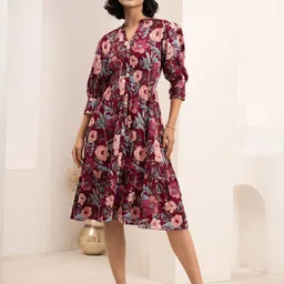 DressBerry Women Floral Print Puff Sleeve Crepe Fit & Flare Dress-picture-38